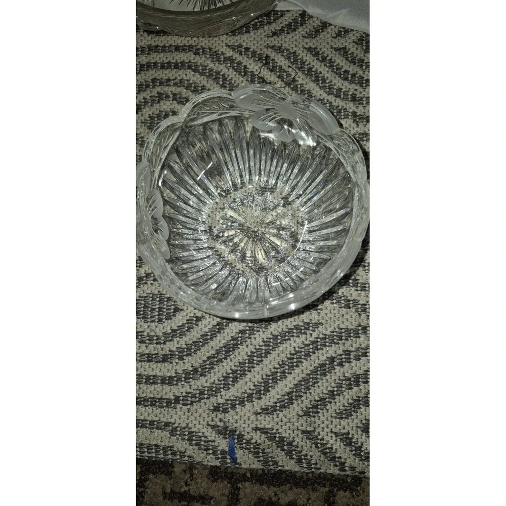 Vintage Crystal Bowl‎  Frosted Floral Etch • Starburst Cut Base